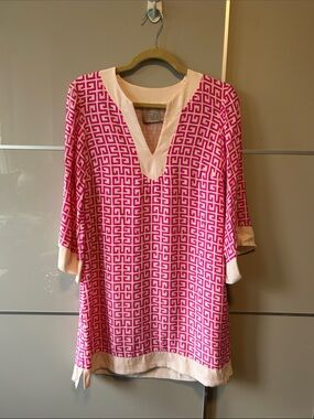 100% Silk Alice & Trixie Pink Geometric Shirt with Cream Accents